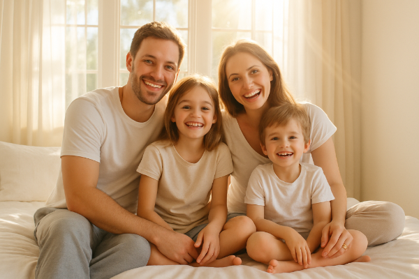 Family of four sitting on a bed in a bright room